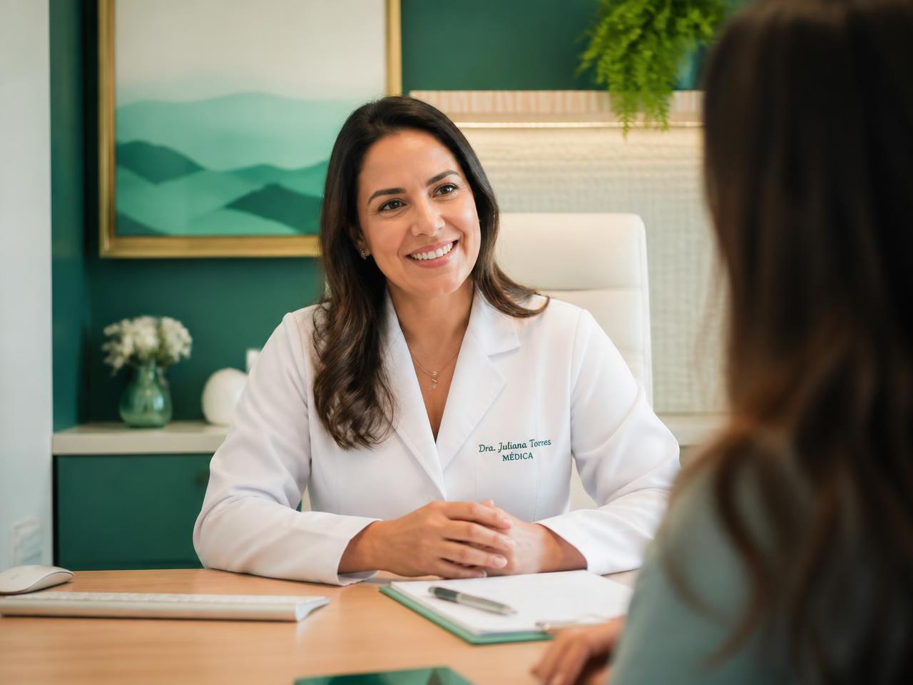Médica sorrindo durante o atendimento de uma paciente em consultório claro