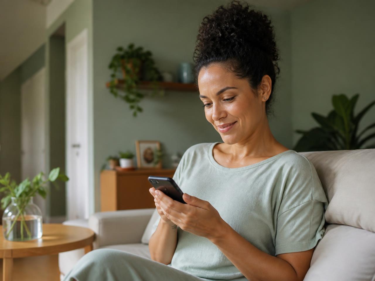 Paciente respondendo à anamnese pelo celular no sofá de casa
